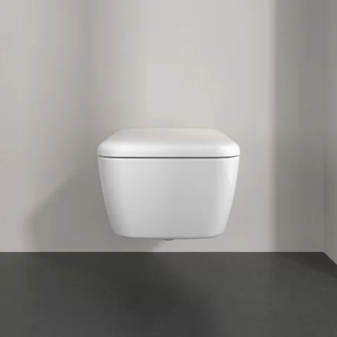Set PROMO Vas WC suspendat 53x37cm,Villeroy&Boch SkylaTwist Flush rimless cu capac soft close, alb alpin cu CeramicPlus