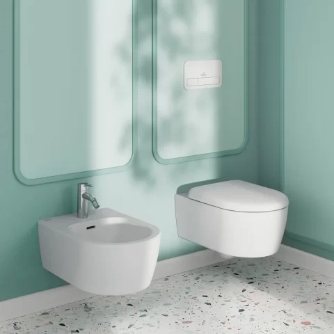 Bideu suspendat Villeroy&Boch Skyla 37x53cm, cu ventil, preaplin si orificiu de baterie