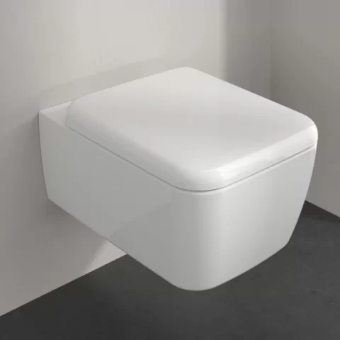 Set PROMO Vas WC suspendat 53x37cm,Villeroy&Boch SkylaTwist Flush rimless cu capac soft close, alb alpin cu CeramicPlus