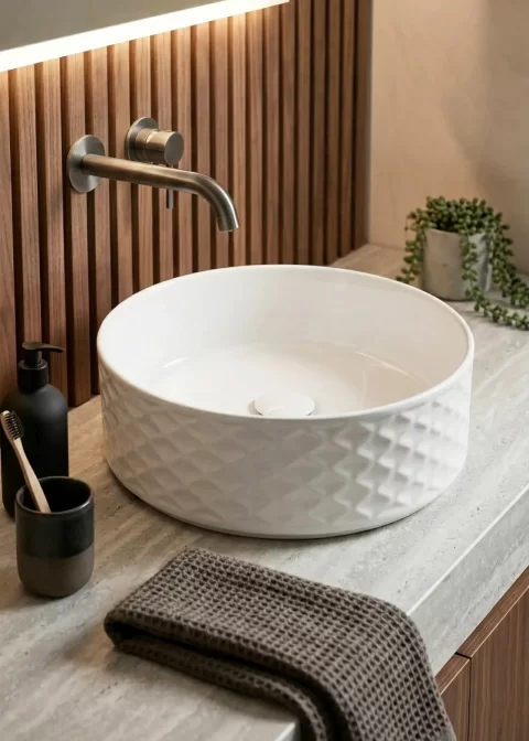 Lavoar ceramic Coloana 38cm, alb lucios cu exterior texturat